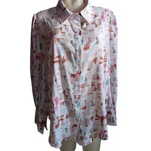 2XL Vintage 80s Abstract Print Blouse With Down Slinky Polyester Pleated Back De